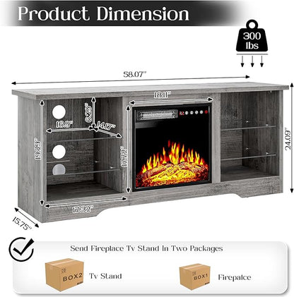 VITESSE 58 Inches Fireplace TV Stand for TVs up to 65 Inches Console with 18'' Electric Fireplace & Remote,Wooden Modern Entertainment Center for Living Room with LED Light Glass Shelves（Gray）