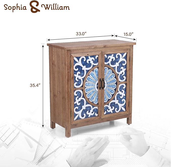 Sophia & William 2-Door Accent Cabinet, Distressed Decorative Storage Cabinet with Wood Frame and Blue and White Floral Pattern for Entryway Hallway Lvinig Room
