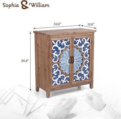 Sophia & William 2-Door Accent Cabinet, Distressed Decorative Storage Cabinet with Wood Frame and Blue and White Floral Pattern for Entryway Hallway Lvinig Room