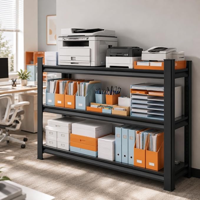 Printer Stand with Storage, 3-Tier Industrial Heavy Duty All-Metal Office Organizer Shelf, Space-Saving Storage Rack for Printer, Scanner, Copier, Paper and Office Supplies, Black,31.5"H×35.4"W×11.8"D