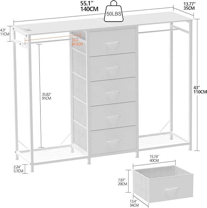 Dresser for Bedroom with Clothes Rack 5 Drawer Dresser with Charging Station LED Lights White Chest of Drawers Flexible Shelf and Open Storage Space for Bedroom Living Room (White)