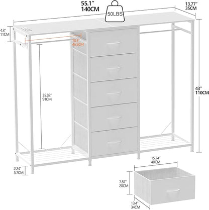 Dresser for Bedroom with Clothes Rack 5 Drawer Dresser with Charging Station LED Lights White Chest of Drawers Flexible Shelf and Open Storage Space for Bedroom Living Room (White)