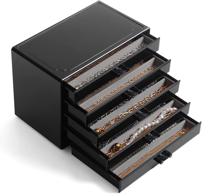 YUFONG Necklace Holder Organizer, Dustproof Necklace Box Velvet Necklace Organizer Box with Lid Clear Acrylic Dustproof Stackable Jewelry Displays for Necklaces Chain Display (Black Gray, 5 Drawer)