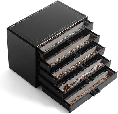YUFONG Necklace Holder Organizer, Dustproof Necklace Box Velvet Necklace Organizer Box with Lid Clear Acrylic Dustproof Stackable Jewelry Displays for Necklaces Chain Display (Black Gray, 5 Drawer)