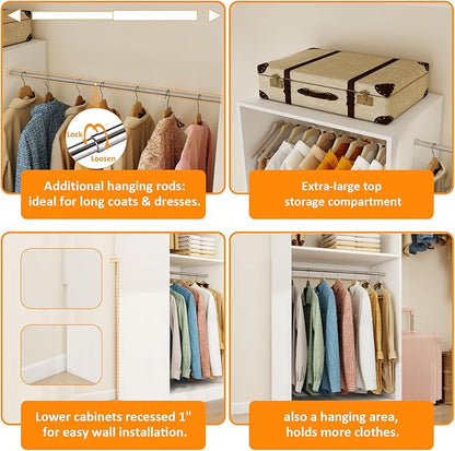 Closet System with 9 Hanging Rods& Shelf , 6FT Small Closet Organizer System Wood with Extra Side Hanging Rod for Walk in Closet Storage, Modular Closet Systems, White(6FT)
