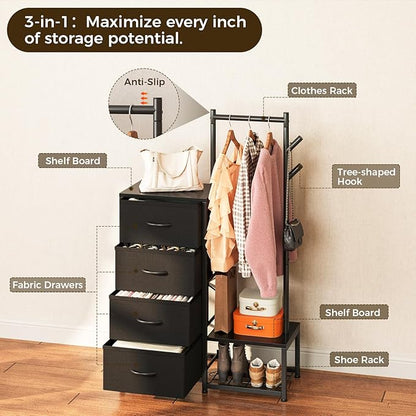 KKL Small Dresser for Bedroom with Clothes Hanging Rack, Reversible Bedroom Dresser with Shoe Rack & 4 Fabric Drawers, 3-in-1 Storage Chest of Drawers with Storage Shelves & Tree Hooks, Black
