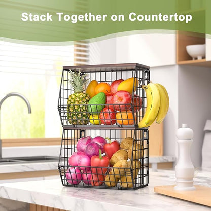 2 Tier Fruit Bowl Fruit Basket for Kitchen Counter Stackable Wall Mounted Hanging Basket Wire Baskets with Wood Lid with 4 Banana Hanger Hooks, Onion Basket, Fruit and Vegetable Storage