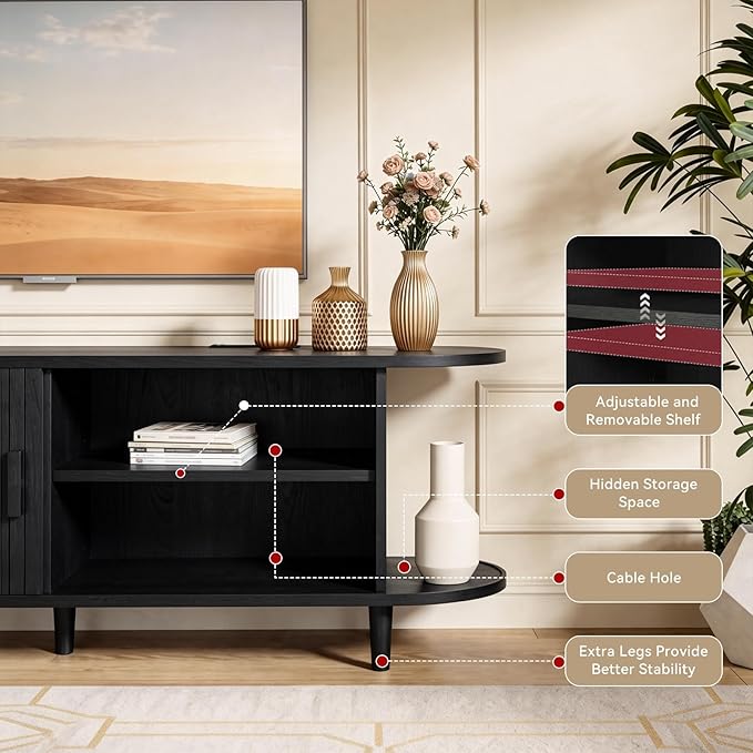 65" Mid Century Modern TV Stand with Power Outlet, Fluted Entertainment Center with Storage and Adjustable Shelves, Wood TV Console with Sliding Doors for Living Room, Black