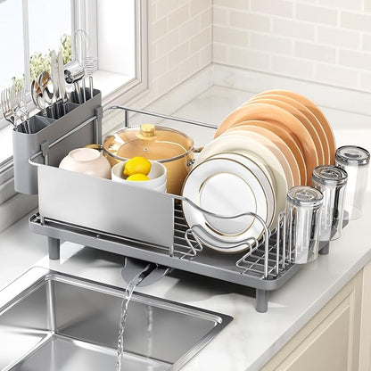 Stainless Steel Dish Drying Rack - Large Capacity Dish Rack for Kitchen Counter with Drain Board, Rustproof Dish Drainer with Auto Drain Spout Utensil Holder Glass Holder, Dinnerware Organizer, Gray