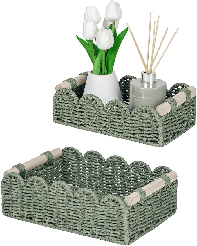 CubesLand Scalloped Edge Decor Baskets for Home, Living Room, Toilet Paper Storage Basket for Over Toilet Shelf, End Table,Shelves and More, Small Paper Rope Baskets Both Storage&Decor, Set 2 Green
