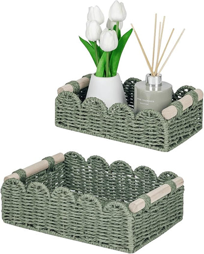CubesLand Scalloped Edge Decor Baskets for Home, Living Room, Toilet Paper Storage Basket for Over Toilet Shelf, End Table,Shelves and More, Small Paper Rope Baskets Both Storage&Decor, Set 2 Green