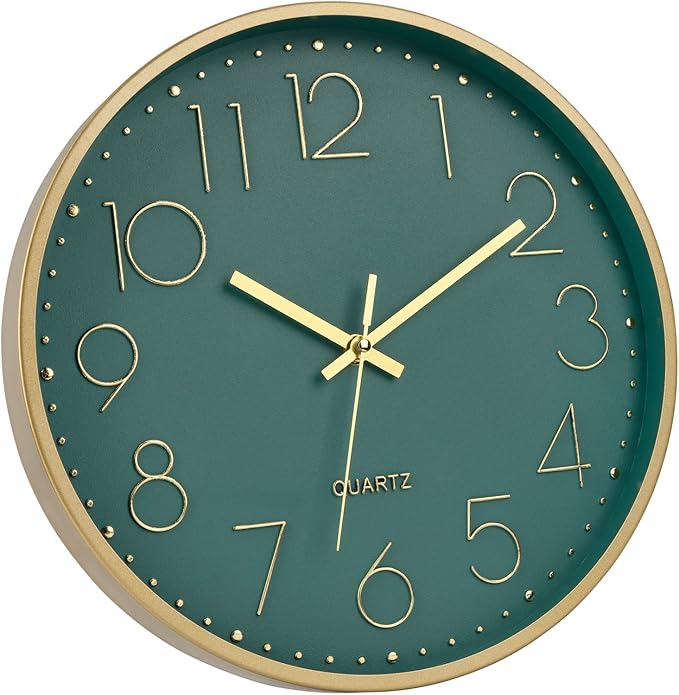 Foxtop Modern Wall Clock 12 Inch Silent Non Ticking Battery Operated Round Quartz Gold Wall Clock for Living Room Bedroom Kitchen Office Classroom Decor (Dark Green Dial)