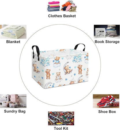 Rectangular Cute Bear Pattern Storage Bin, Decorative Canvas Laundry Basket with Dual Handles, Foldable Toy & Household Organizer, Multipurpose Party Gift Basket for Home Bedroom Dorm