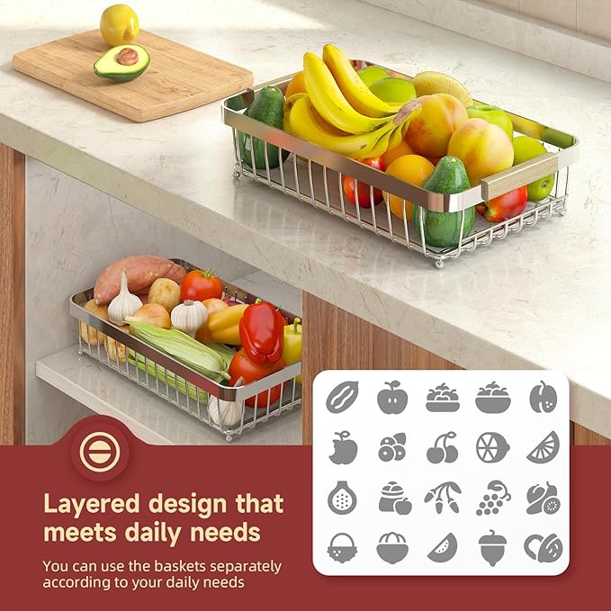 Sevenblue 2 Tier Large Fruit Basket for Kitchen Counter with 2 Mobile Banana Hangers, 2026 Pro Detachable Metal Fruit Bowl with Wooden Handle (Silver, 2 Tier Extra Large)