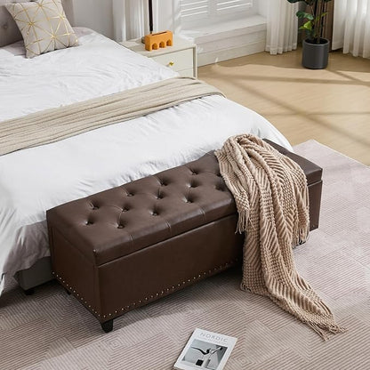 Tbfit 50.8“ Large Ottoman Storage Bench for Bedroom, Oversized Tufted Upholstered Entryway Benches End of Bed, Rectangle Dorm Foot Stool with Safety Hinge & Solid Wood Legs, Loads 660 lb, Dark Brown