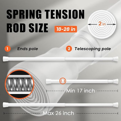 AIZESI White 2pcs Small Tension Rods 17 to 26 Inch, Durable Tension Curtain Rods Short Curtain Rods No Drilling, Spring Tension Rods For Windows No Drilling, Adjustable Spring Rod Tension Non-Slip