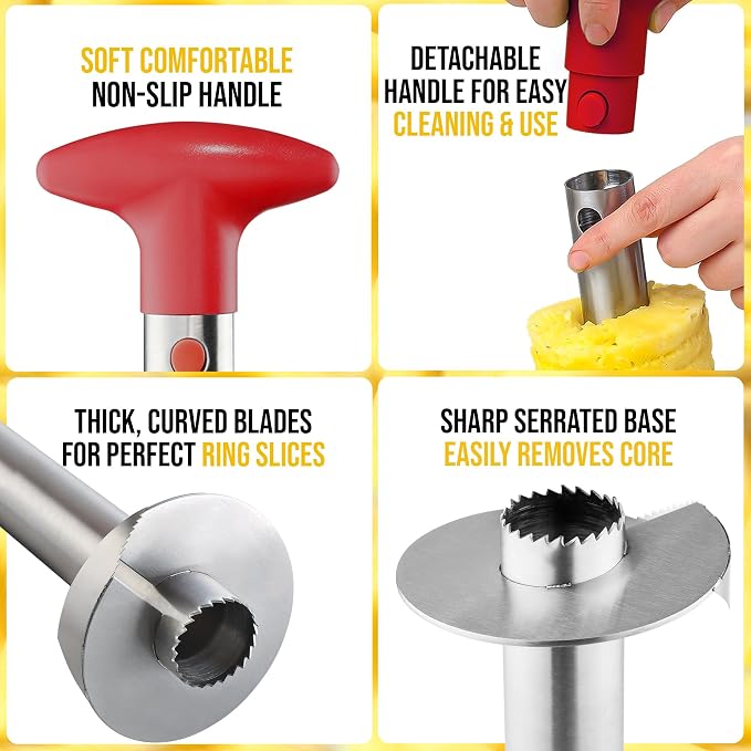 Zulay Kitchen Pineapple Corer and Slicer Tool – Stainless Steel Pineapple Cutter with Eye Remover Tool – Ergonomic Handle & Easy Core Remover – Reinforced Heavy-Duty Blade – Red