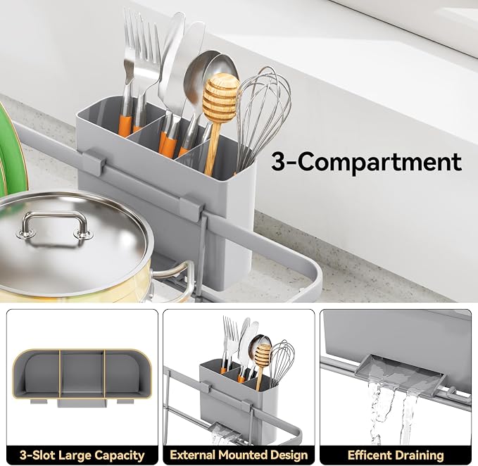 TOOLF Dish Drying Rack, Dish Racks for Kitchen Counter, Stainless Steel Sink Organization and Storage Essentials with Cutlery Holder, Dish Drainer, Home and Apartment Decor, 12.4''W x 16.5''L, Gray