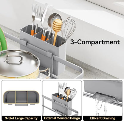 TOOLF Dish Drying Rack, Dish Racks for Kitchen Counter, Stainless Steel Sink Organization and Storage Essentials with Cutlery Holder, Dish Drainer, Home and Apartment Decor, 12.4''W x 16.5''L, Gray