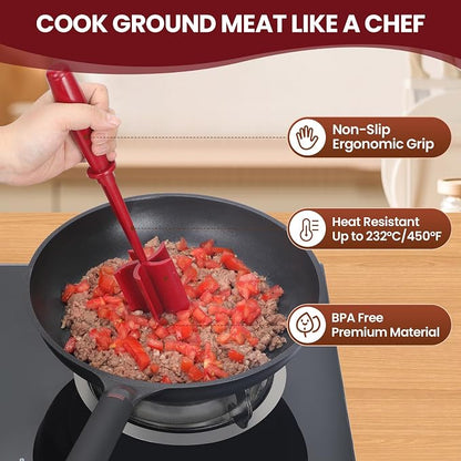CUNSENR Premium Meat Chopper - 5 Curve Blade Ground Beef Smasher Tool - Heat-Resistant Nylon Meat Masher for Ground Beef, Hamburger, Potatoes - Non-Stick Ground Meat Chopper for Easy Mixing - Red