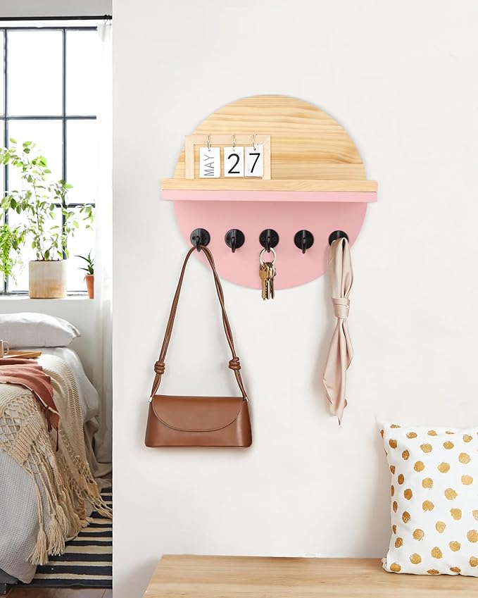 Pink Key Holder for Wall with Shelf - Wood Mail Organizer and Rack with Shelf Hooks Wall Mounted for Entryway Decor Magazines Letter Storage Farmhouse Living Room Bedroom Doorway