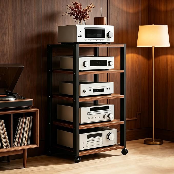 5 Tier AV Media Stand, Audio Rack Tower Stereo Components Cabinet, Home Theatre CD Record Player Stereo Receiver Equipment Rack with Adjustable Wood Shelves, Load 220lbs (Walnut Brown)