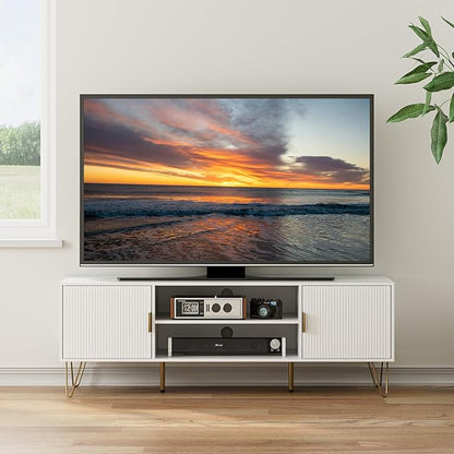 TV Stand for 55-65 Inch TV, Entertainment Center with Soft Hinge Door,TV Console Table with 2 Cabinets with Gold Handle and Feet,for Living Room, Bedroom, White