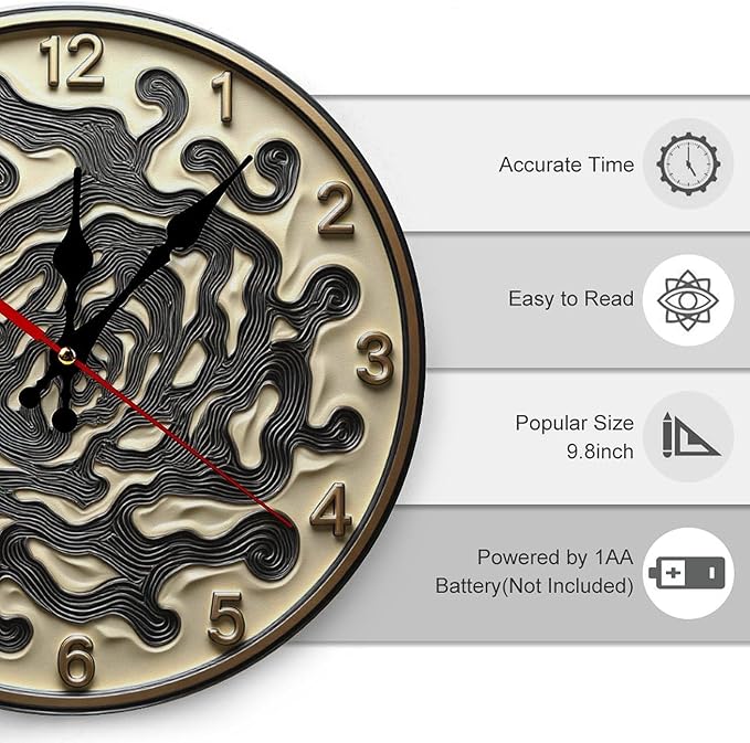 Wall Clock, Abstract Non Ticking Wall Clocks Battery Operated, Golden Wooden Wall Clocks for Kitchen, Living Room, Bedroom, Office, Bathroom Decorative 10 Inch