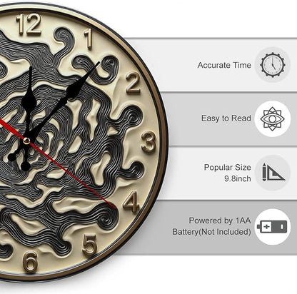 Wall Clock, Abstract Non Ticking Wall Clocks Battery Operated, Golden Wooden Wall Clocks for Kitchen, Living Room, Bedroom, Office, Bathroom Decorative 10 Inch
