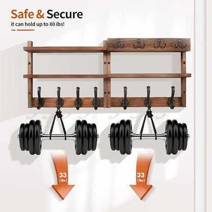 29" Coat Rack Wall Mount with Shelf, Pine Two-Tier Wall Shelf Mounted Coat and Key Hanger with 7 Heavy Duty Hooks 4 Key Hooks, Entryway Key Holder with Mail Holder for Bedroom,Living Room (Brown)