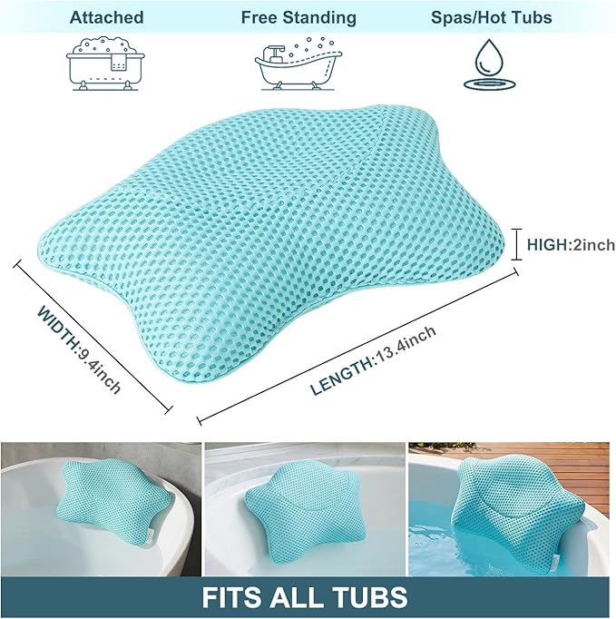 Non Slip Bath Pillow, Luxury Spa Bathtub Head & Neck Rest Support, Permeable Quick Drying Air Mesh Tub Pillow with 4 Large Suction Cups, Fits Any Tubs, Soft and Relaxing-Lake Blue