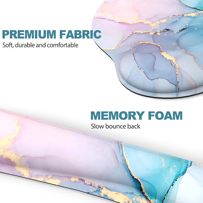Ergonomic Mouse Pad with Wrist Rest and Keyboard Wrist Rest, Mousepad and Wrist Rest for Computer Keyboard, Non-Slip Rubber Base, Mouse Pad with Wrist Support for Gaming, Office, Pink Blue Marble