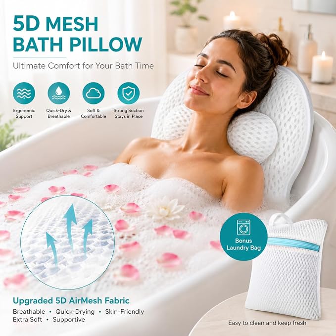 Bath Pillow for Tub,Luxury Bath Pillow for Back,Bathtub Pillow | Bathtub Pillow is Made of Soft 5d Mesh Fabric, Anti Slip Suction Cups, Spa Gifts, And Neck And Back Support (Regular Version)
