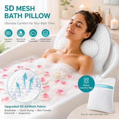 Bath Pillow for Tub,Luxury Bath Pillow for Back,Bathtub Pillow | Bathtub Pillow is Made of Soft 5d Mesh Fabric, Anti Slip Suction Cups, Spa Gifts, And Neck And Back Support (Regular Version)