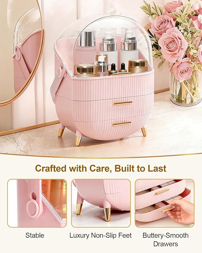 Makeup Organizer and Storage for Bathroom Vanity Countertop, Portable Travel Cosmetic Display Cases with Lid and Drawers, Gift for Women and Girls -Pink