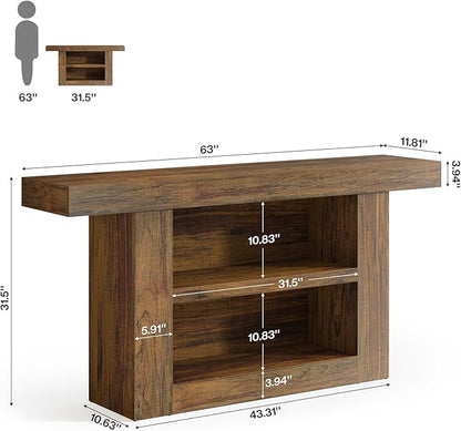 Tribesigns 63-Inch Console Table with Storage, 3-Tier Farmhouse Entryway Table with U-Shaped Base, Wooden Sofa Table Behind The Couch for Entrance, Hallway, Living Room Foyer, Brown