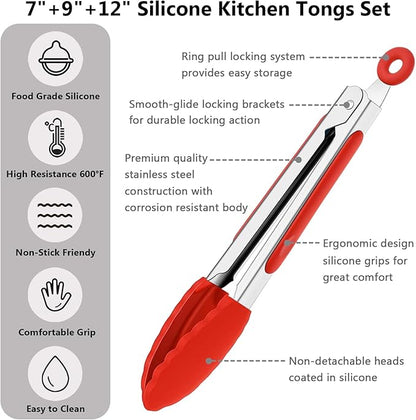 IOCBYHZ Kitchen Tongs for Cooking w Non-Stick Silicone Tips, 600°F Heat Resistant Silicone Cooking Food Tong Set Heavy Duty Stainless Steel Handle for Baking Grilling BBQ Salad Serving, 7" 9" and 12"