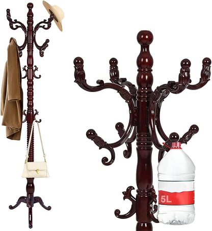 Wooden Coat rack freestanding, Coat racks stand with 14 Hook, Heavy duty coat tree standing 3 Adjustable Heights for Bedroom, Entryway, Hallway, Office,Stury Base (Redwood triangle)