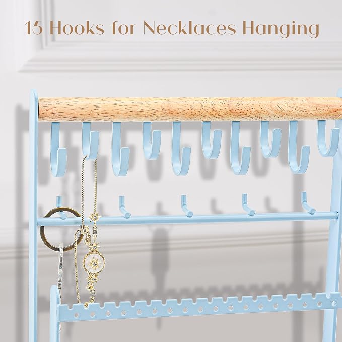 ProCase Jewelry Organizer Stand Necklace Organizer Earring Holder, 6 Tier Jewelry Stand Necklace Holder with 15 Hooks, Jewelry Tower Display Rack Storage Tree for Bracelets Earrings Rings -Blue