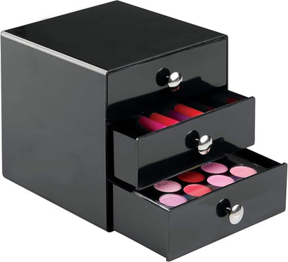 iDesign 35360 3-Drawer Plastic Vanity Organizer, Compact Storage Organization Set for Cosmetics, Dental Supplies, Hair Care, Bathroom, Dorm, Desk, Countertop, Office, 6.5" x 6.5" x 6.5", Black