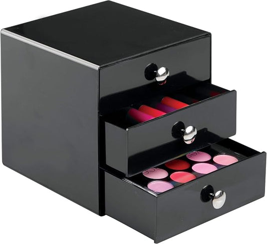 iDesign 35360 3-Drawer Plastic Vanity Organizer, Compact Storage Organization Set for Cosmetics, Dental Supplies, Hair Care, Bathroom, Dorm, Desk, Countertop, Office, 6.5" x 6.5" x 6.5", Black