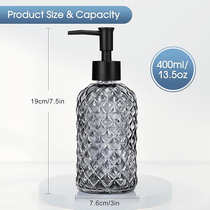 Topsky Gem Glass Soap Dispenser with Black Plastic Pump, 13oz Liquid Hand Soap Dispenser, Rustproof Pump for Kitchen & Bathroom, Great for Lotions, Essential Oil, Liquid Soaps-Gray