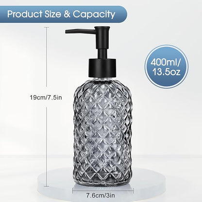 Topsky Gem Glass Soap Dispenser with Black Plastic Pump, 13oz Liquid Hand Soap Dispenser, Rustproof Pump for Kitchen & Bathroom, Great for Lotions, Essential Oil, Liquid Soaps-Gray