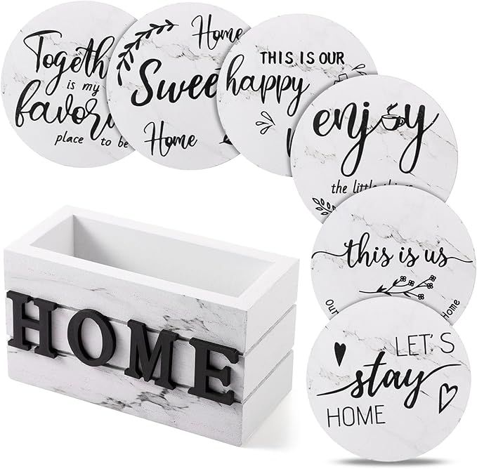 Queekay Coasters Set of 6 House Warming Gifts New Home Wooden Farmhouse Drink Coasters with Holder 4'' Funny Decoration for Kitchen Family Coffee Bar Tabletop Protection(White Marble)