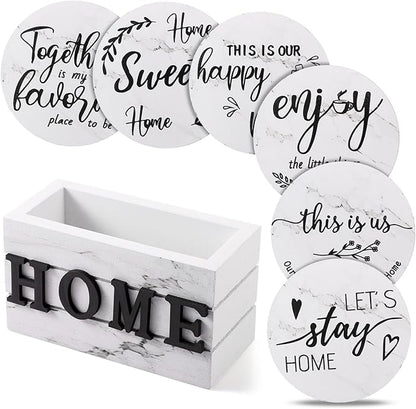 Queekay Coasters Set of 6 House Warming Gifts New Home Wooden Farmhouse Drink Coasters with Holder 4'' Funny Decoration for Kitchen Family Coffee Bar Tabletop Protection(White Marble)
