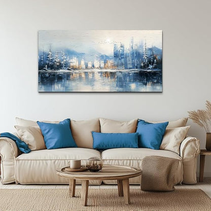 QIYILEXWART Large Wall Decor For Living Room Stretched And Framed Canvas Wall Art For Office Wall Decoration For Bedroom The Blue Lake Painting Abstract Watercolour Picture Home Decor Ready To Hang