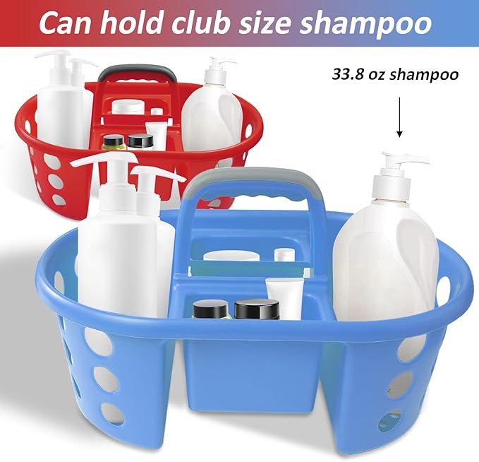 Large Shower Caddy Portable 2PC - Made in USA Plastic Jumbo Size Dorm Storage Candy Tote with Handle Shower Organizer for Bathroom, Pantry, Kitchen, College Dorm, Red/Periwinkle
