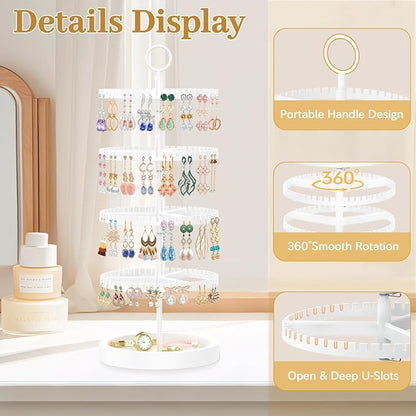 MODOWEY 4 Tier Rotating Earring Holder Organizer Display Tree with Wooden Tray, Adjustable Plastic Stand with 228 Slots for Stud Hoop Hanger, Large Capacity Storage Rack for Women Space Saving, White