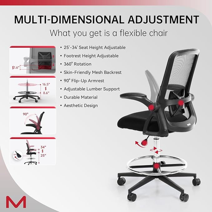 Drafting Chair for Standing Desk with Locking Casters, Tall Office Chair with Foot Ring, High Back Ergonomic Drafting Stool, Flip-Up Arms, Adjustable Lumbar Support, 300 Lbs Capacity