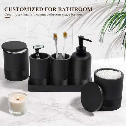 Bathroom Accessories Set, 6-Piece Bathroom Accessory Set, Toothbrush Holders Set, Soap Dispenser, Vanity Tray, Tumbler, Cotton Swab Jars, Bathroom Organizer for Modern Bathrooms(Matte Black)